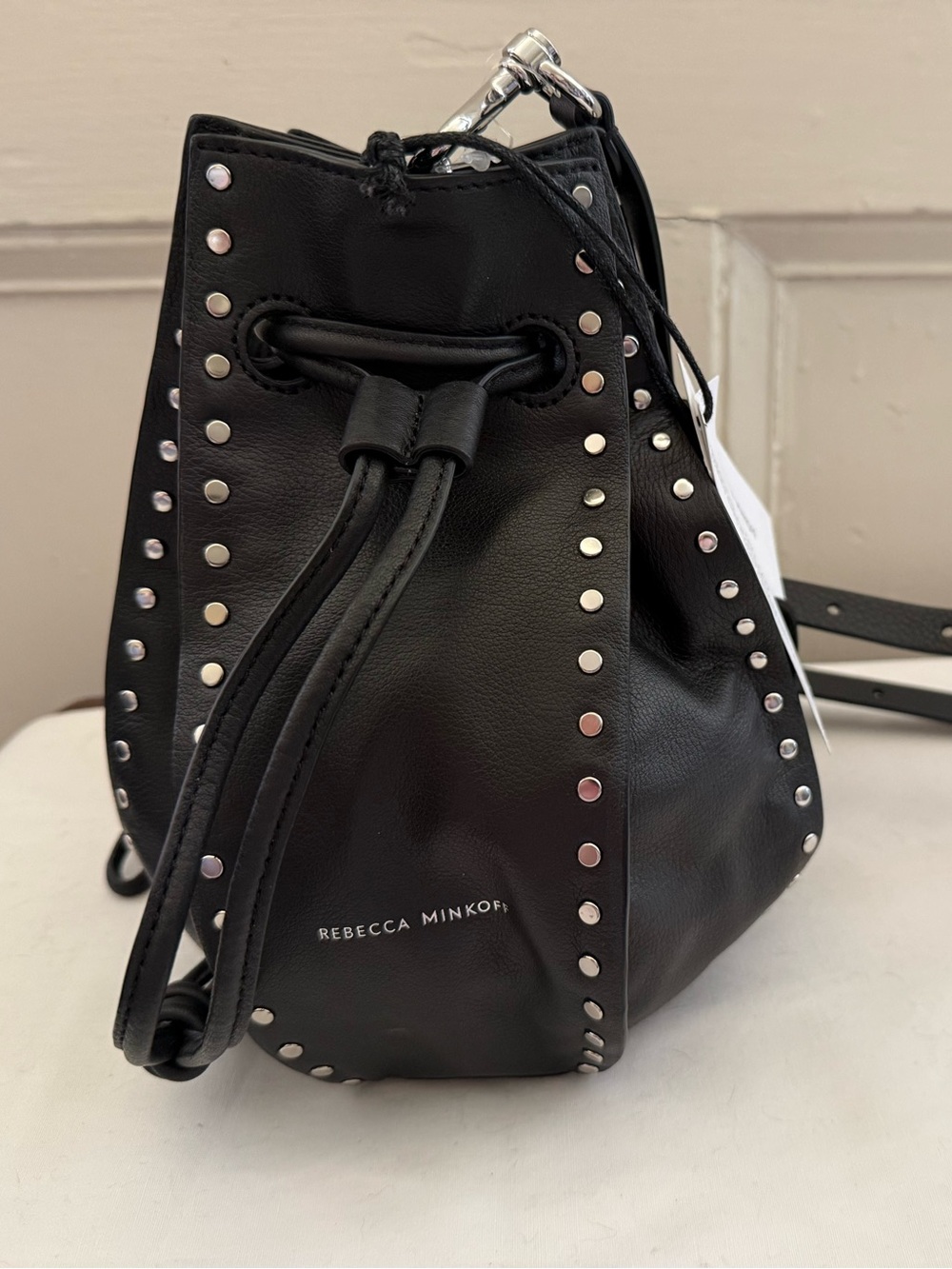 Rebecca Minkoff Black Studded Drawstring Mini Bucket Bag